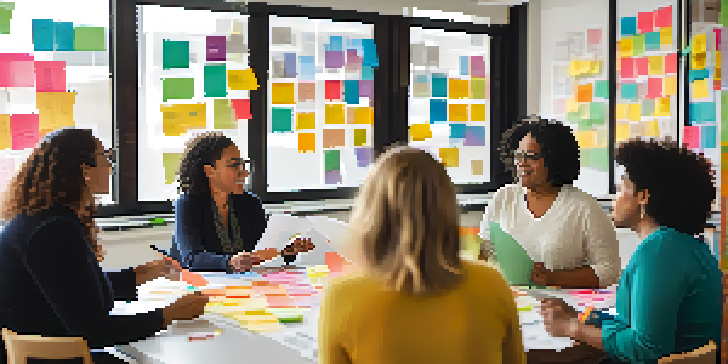 A group of diverse educators participating in a collaborative workshop with bright natural lighting and colorful materials around them.