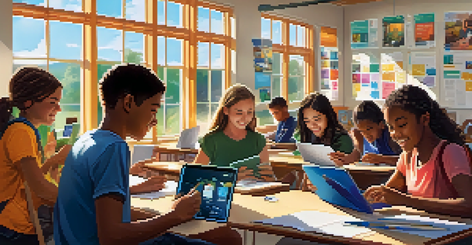 A lively classroom with diverse students using mobile devices, collaborating on projects with bright sunlight streaming in.