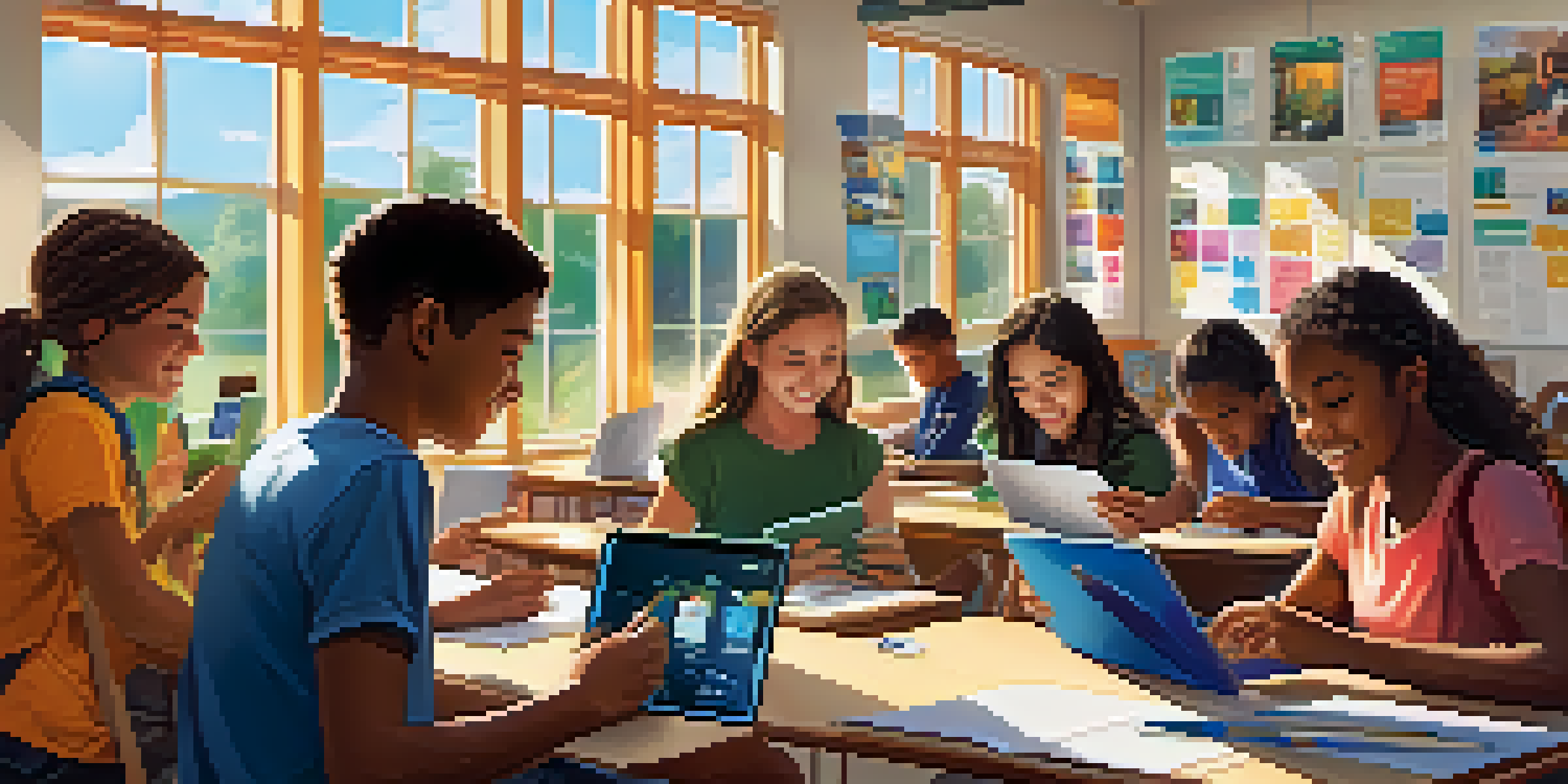 A lively classroom with diverse students using mobile devices, collaborating on projects with bright sunlight streaming in.