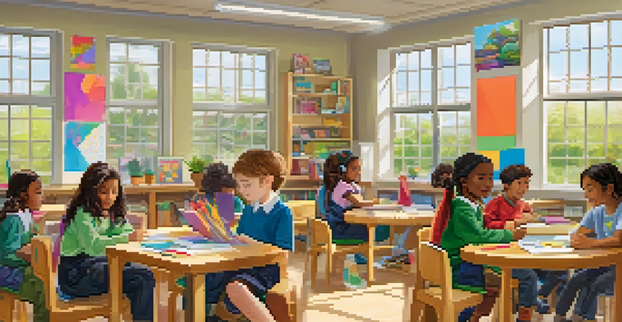 A bright and cheerful classroom with students from different backgrounds working together at round tables, surrounded by educational posters and plants.