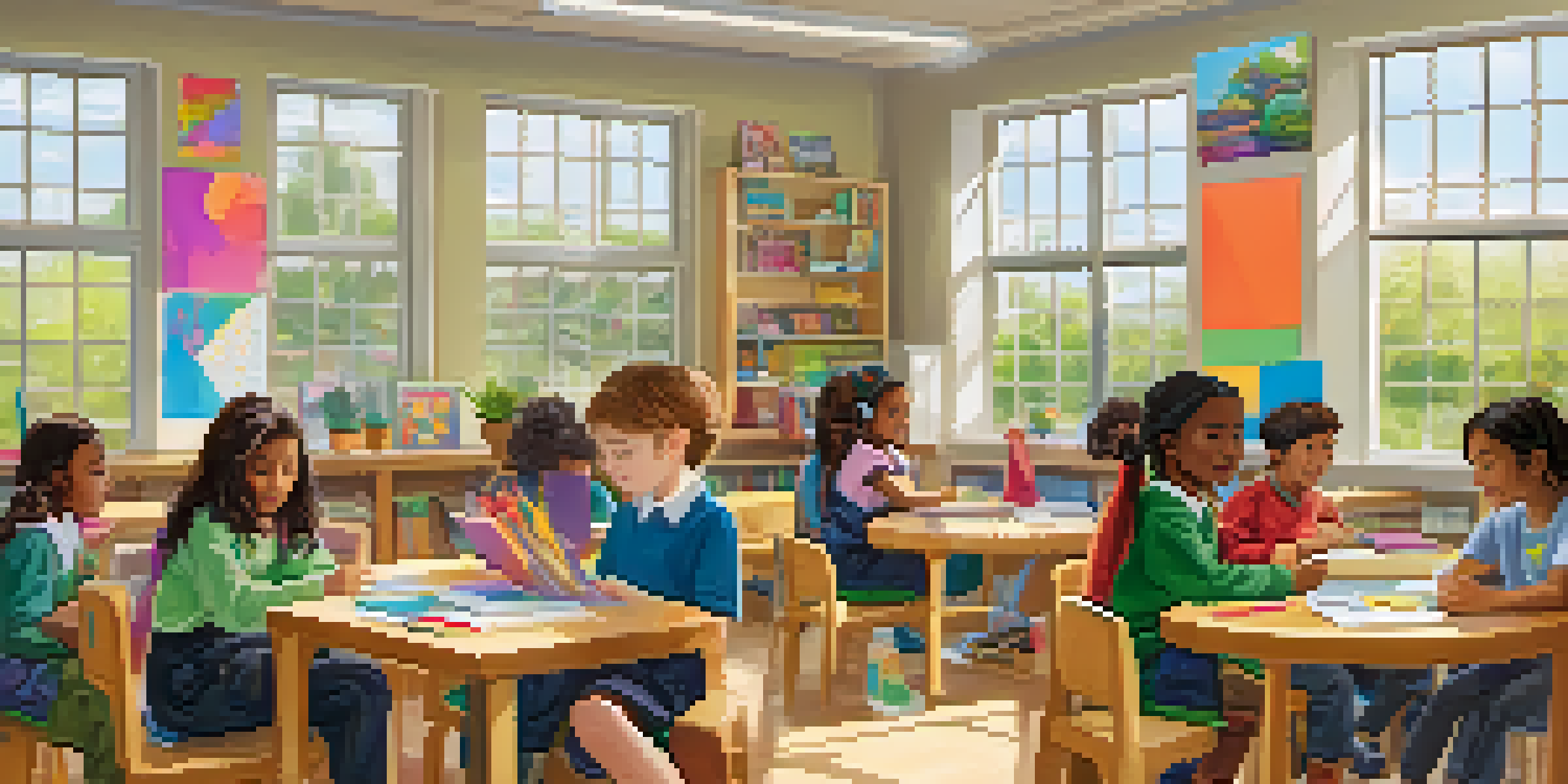 A bright and cheerful classroom with students from different backgrounds working together at round tables, surrounded by educational posters and plants.