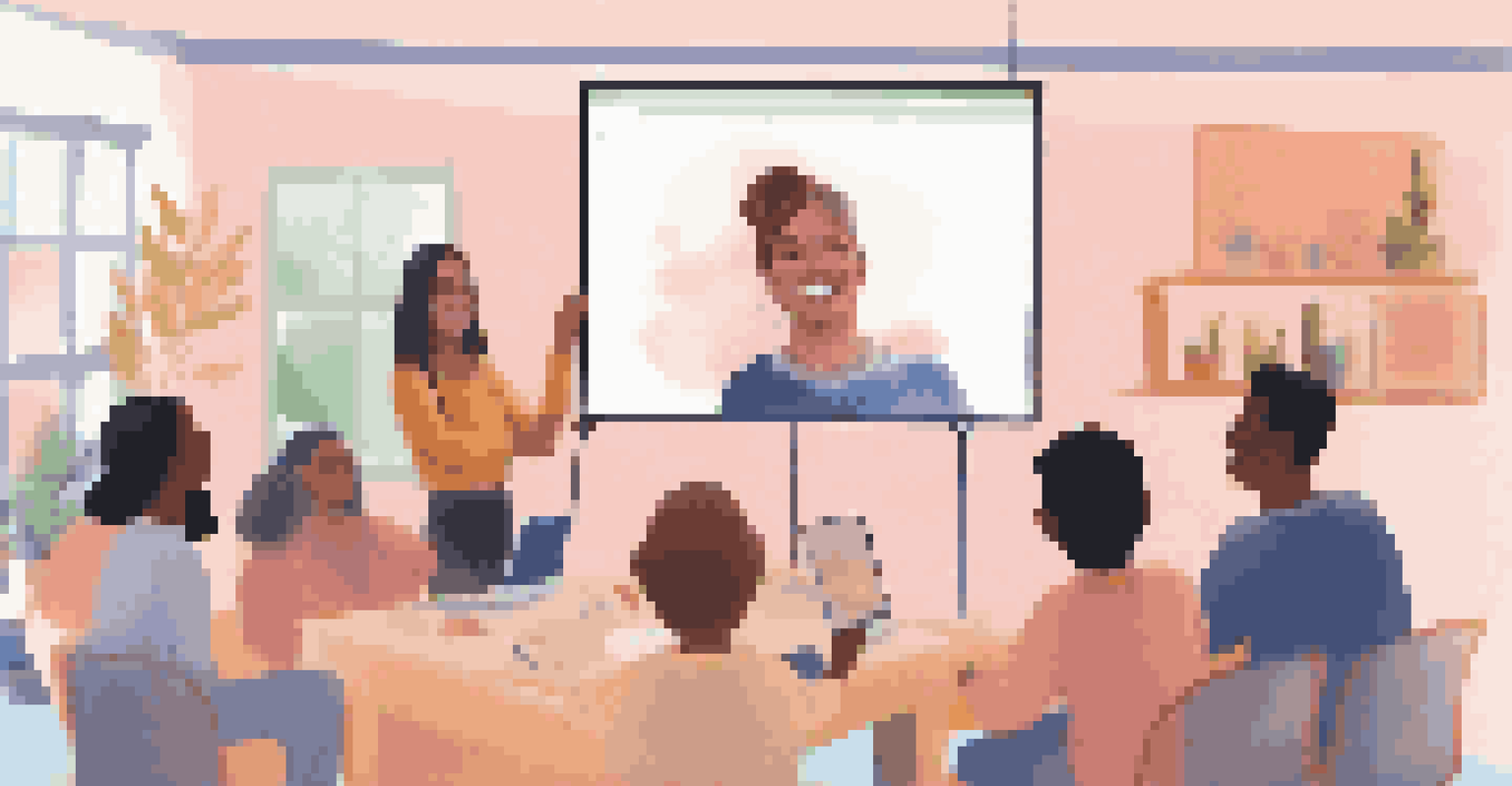 An educator mentoring students in a virtual breakout room with a friendly atmosphere and educational materials.