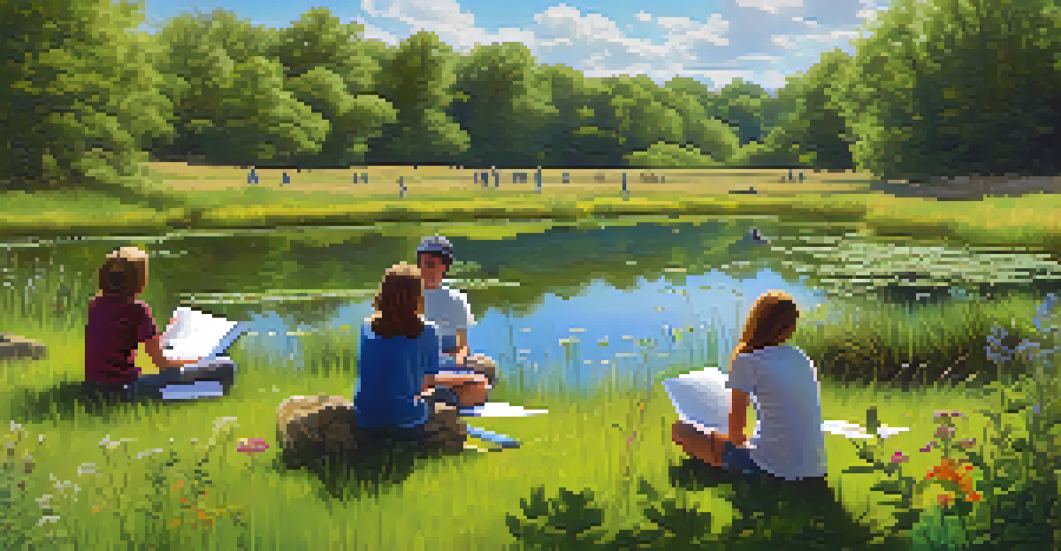 Students engaged in observing a natural ecosystem near a pond, surrounded by lush greenery and colorful flowers, emphasizing the connection between education and nature.