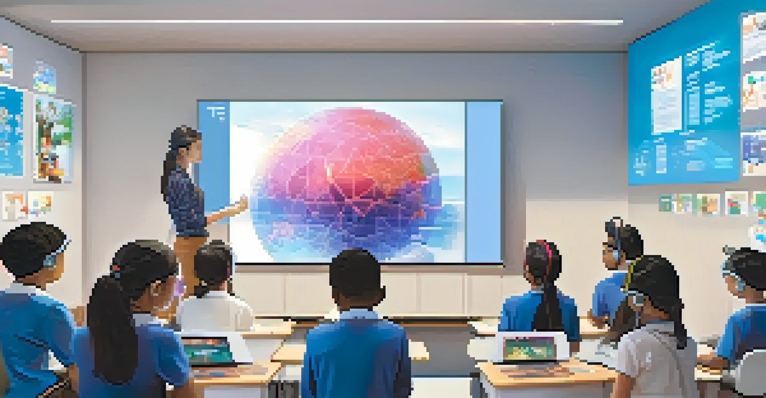 A modern classroom with students using augmented reality headsets to learn languages through holographic lessons.