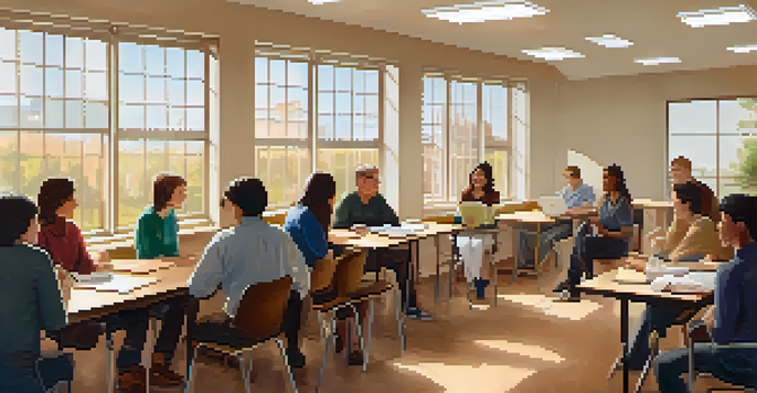 A classroom with adult learners engaged in a collaborative discussion, surrounded by books and laptops, illuminated by natural light.