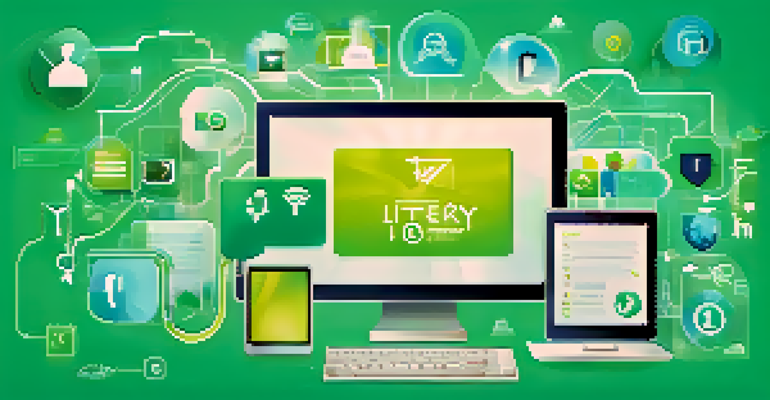An infographic depicting digital literacy concepts with icons and vibrant colors.