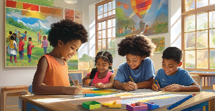 A vibrant classroom with diverse children working together on a project, surrounded by colorful decorations and natural light.