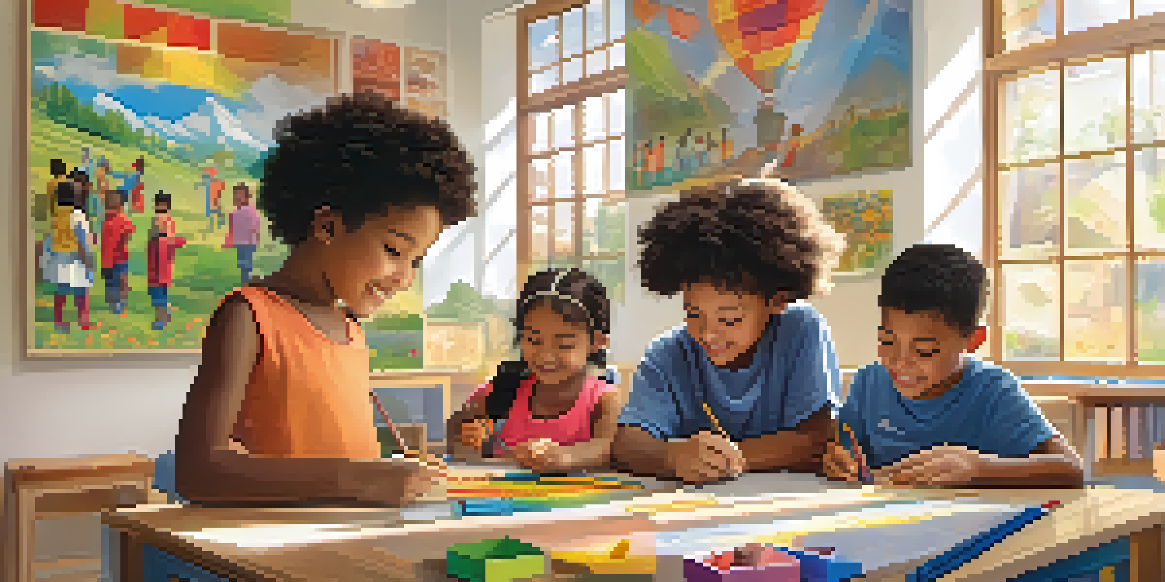 A vibrant classroom with diverse children working together on a project, surrounded by colorful decorations and natural light.