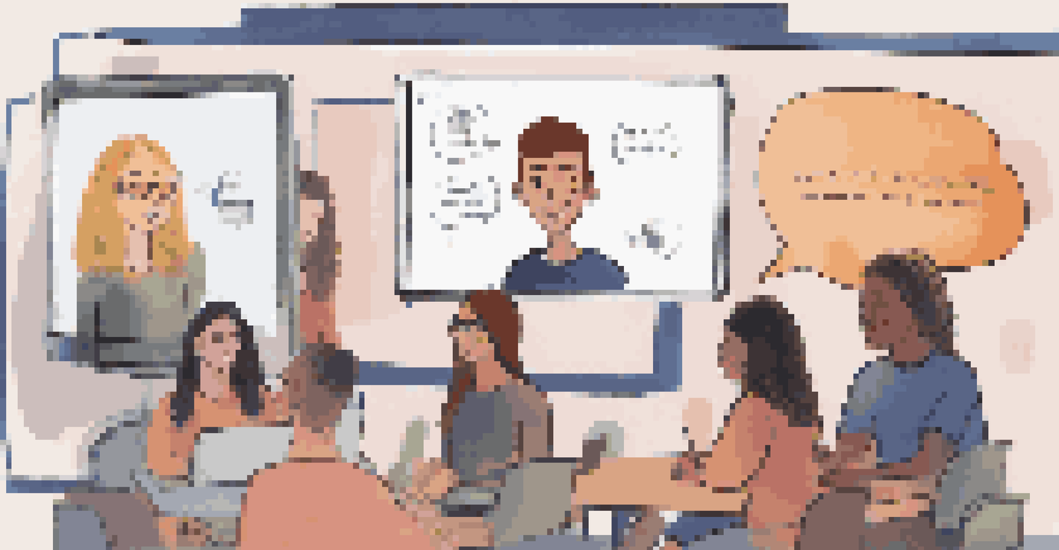 Students engaging in an online discussion, with their smiling faces and chat bubbles visible on the screen.