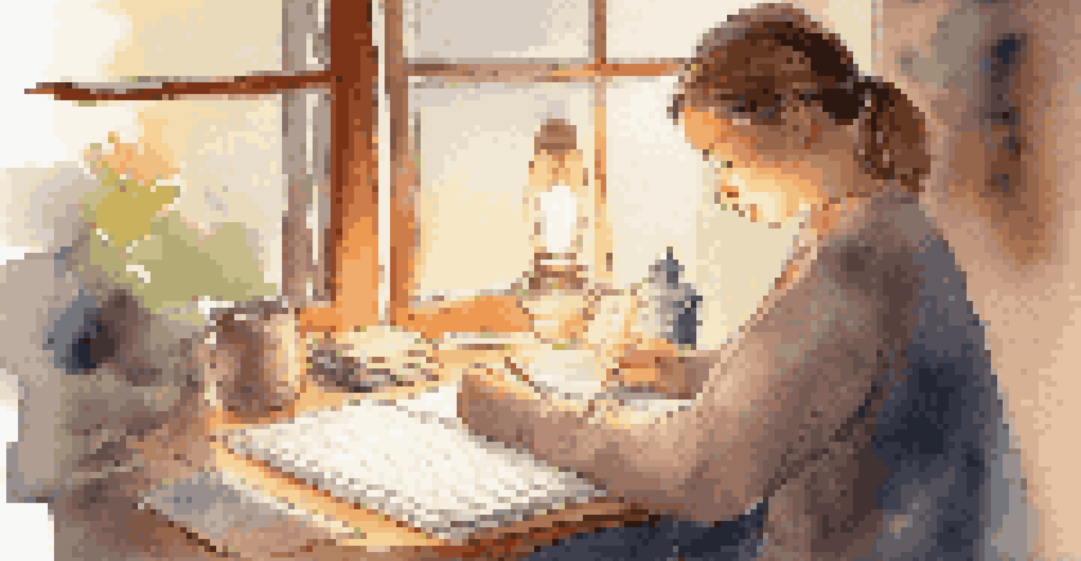 A close-up of a student writing in a journal in a cozy study space, with a warm glow from a desk lamp and open books around them.