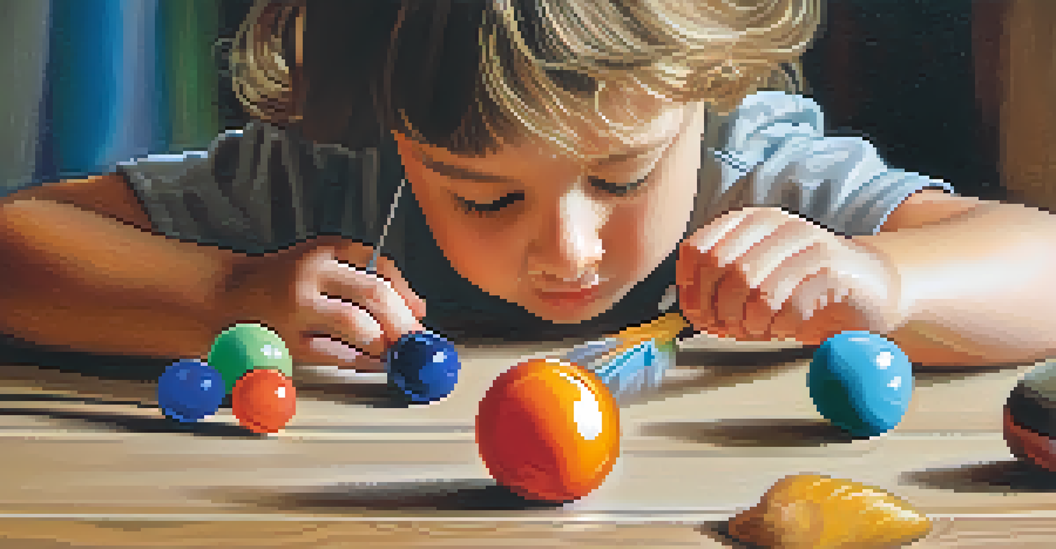 A child's hands holding various objects like balls and feathers, experimenting to learn about gravity on a wooden table, with a blurred background and warm lighting.