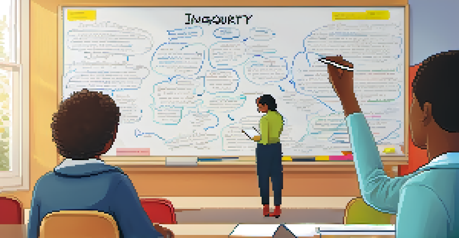 A teacher writing an open-ended inquiry question on a whiteboard while students engage in the lesson.