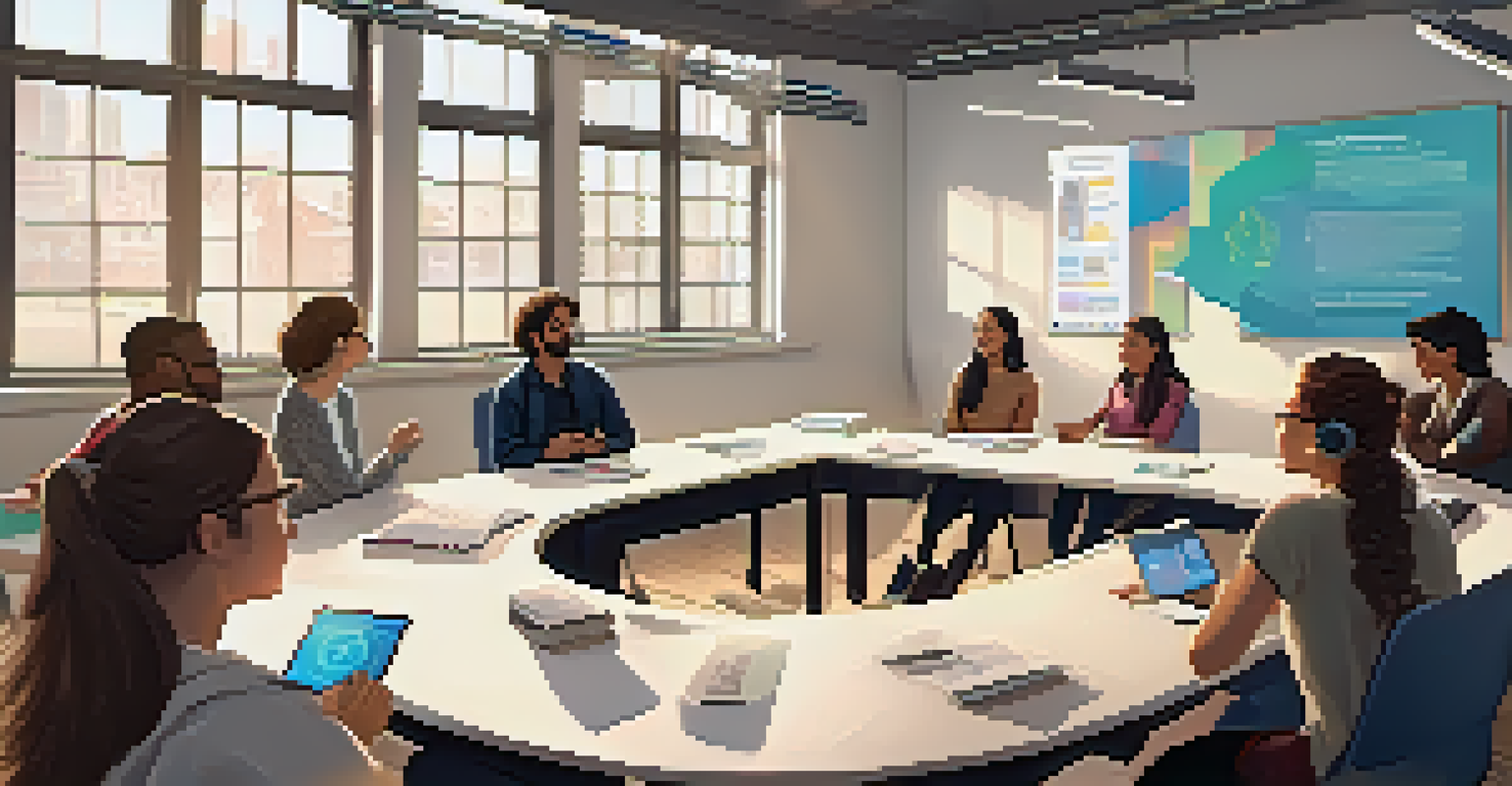 A diverse group of students in a classroom discussing ethical AI with a teacher at the front.