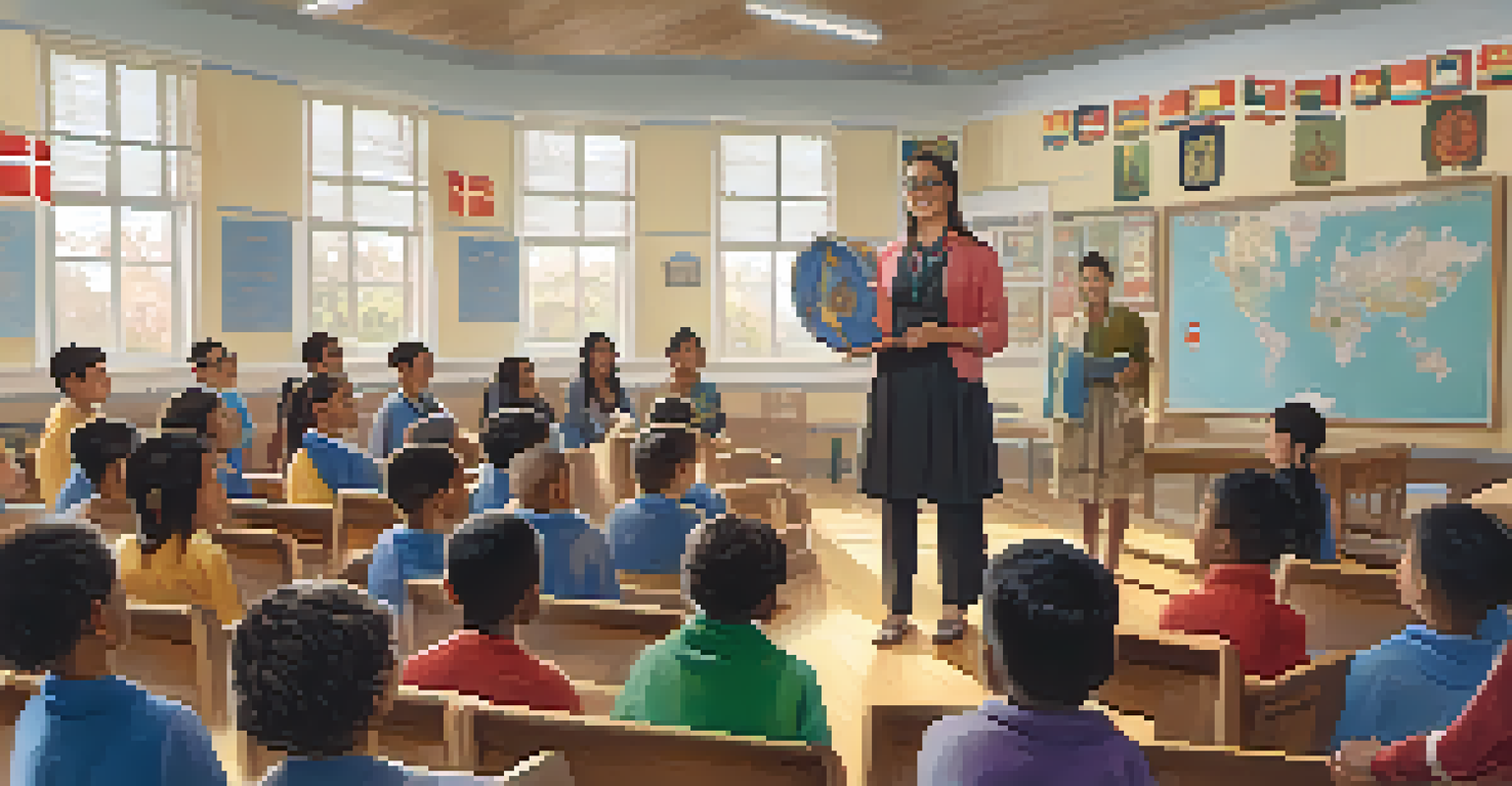 A teacher facilitating a cultural sharing session with students holding items that represent their backgrounds, fostering an inclusive classroom environment.