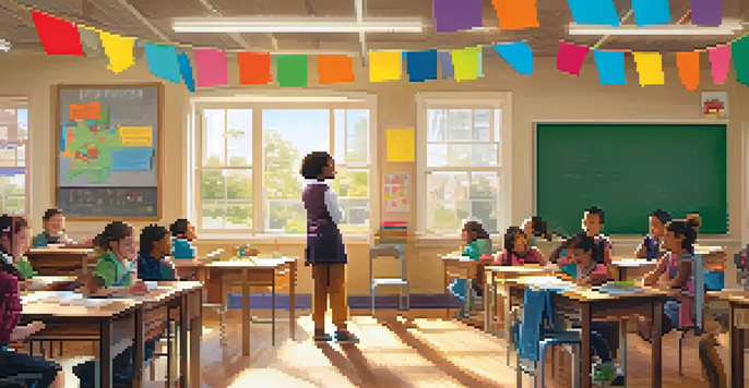 A teacher laughing with students in a bright, colorful classroom filled with educational materials and sunlight.