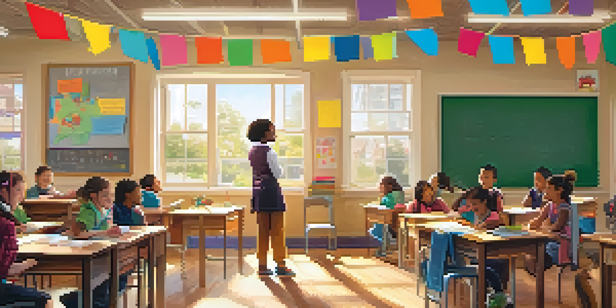 A teacher laughing with students in a bright, colorful classroom filled with educational materials and sunlight.