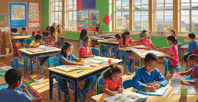 A classroom with diverse students working together on hands-on activities, surrounded by colorful posters and natural light.