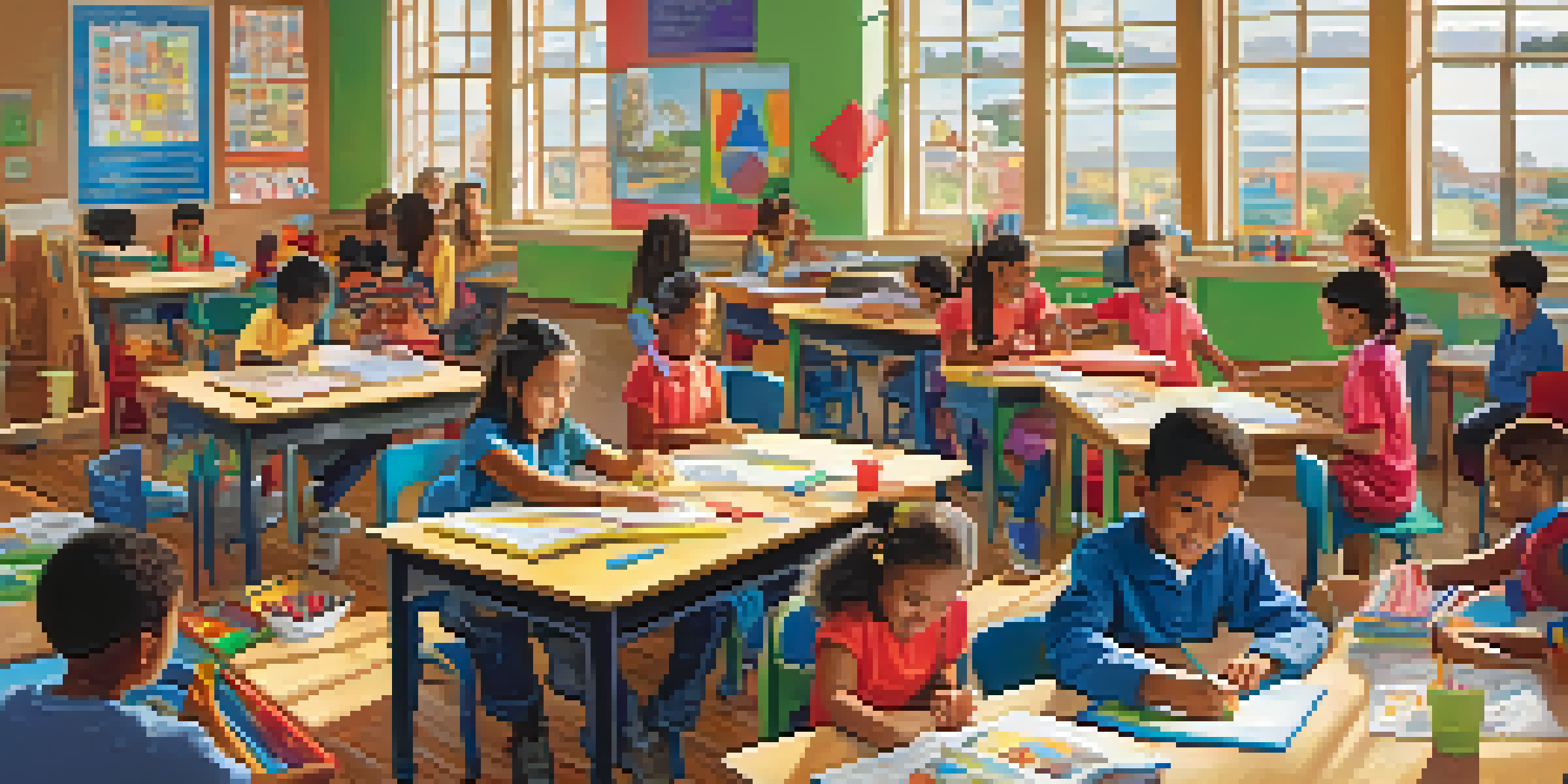 A classroom with diverse students working together on hands-on activities, surrounded by colorful posters and natural light.