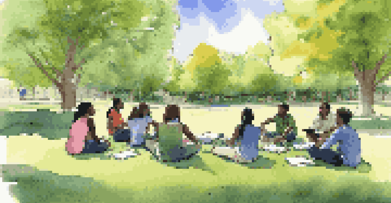 A group of students sitting on the grass in a circle, discussing ideas with a mentor standing in the center, surrounded by greenery and blue skies.
