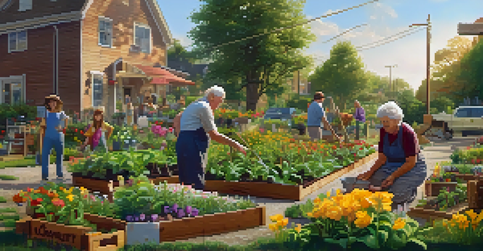 A diverse group of people, including a young woman planting seedlings and an elderly man watering plants, working together in a sunny community garden filled with flowers and greenery.