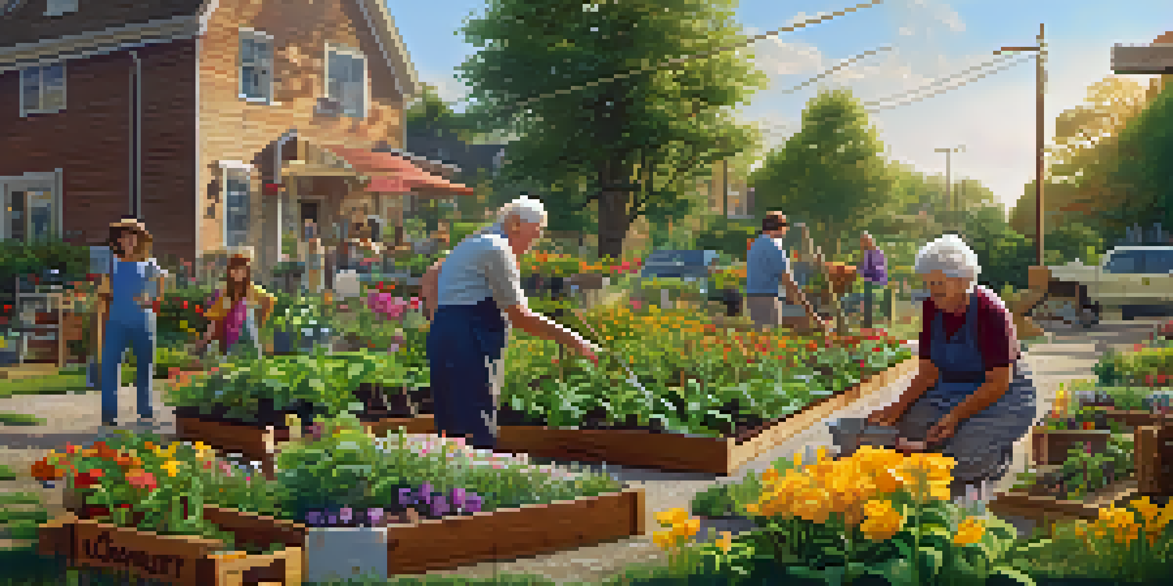 A diverse group of people, including a young woman planting seedlings and an elderly man watering plants, working together in a sunny community garden filled with flowers and greenery.
