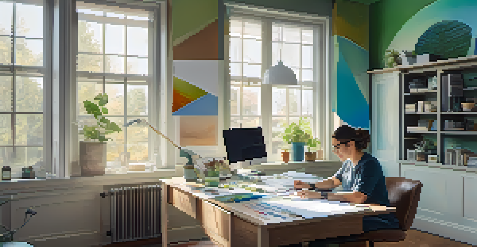 A designer's workspace with a computer, color swatches, and design tools, illuminated by soft natural light, creating a calming atmosphere.