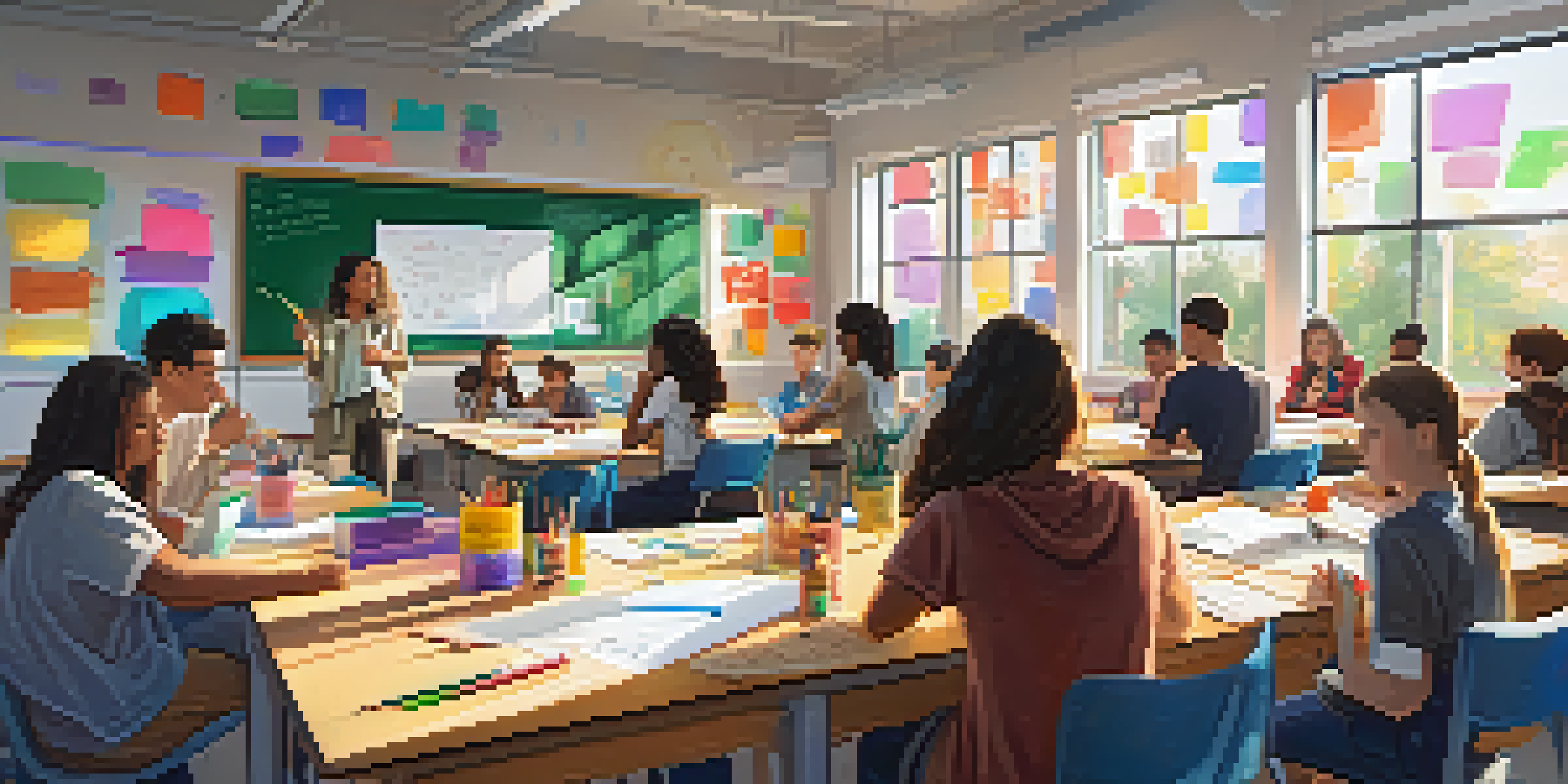 A lively classroom with diverse students collaborating on a project, surrounded by art supplies and technology, with sunlight illuminating the space.