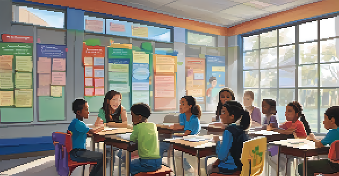 A classroom scene with students of different ethnicities discussing emotions, with natural light and colorful educational materials.