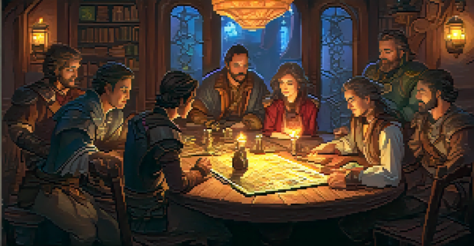 A group of players engaged in a tabletop role-playing game, surrounded by miniatures, dice, and character sheets, illuminated by warm candlelight.