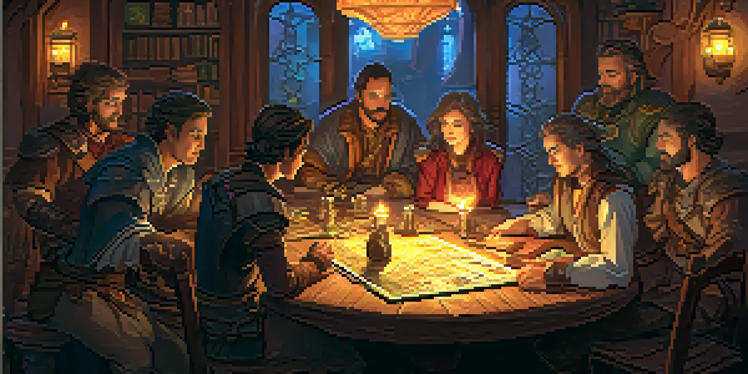 A group of players engaged in a tabletop role-playing game, surrounded by miniatures, dice, and character sheets, illuminated by warm candlelight.
