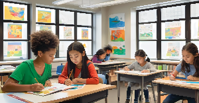A bright classroom with diverse students using tablets for adaptive assessments, showing expressions of concentration and curiosity.