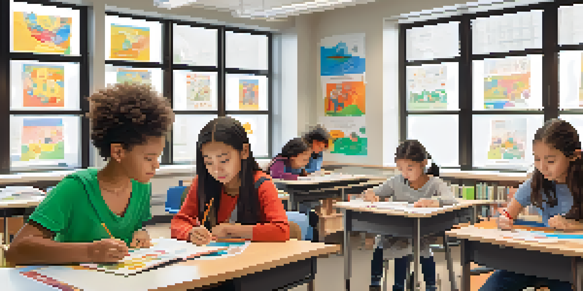 A bright classroom with diverse students using tablets for adaptive assessments, showing expressions of concentration and curiosity.