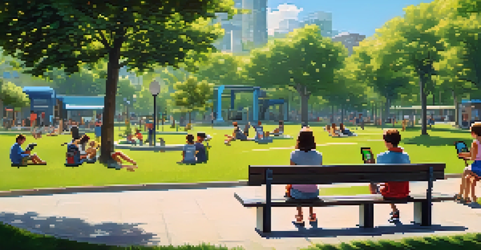 A community park with a public Wi-Fi hotspot sign, children and teenagers using devices while surrounded by greenery and families enjoying the park.