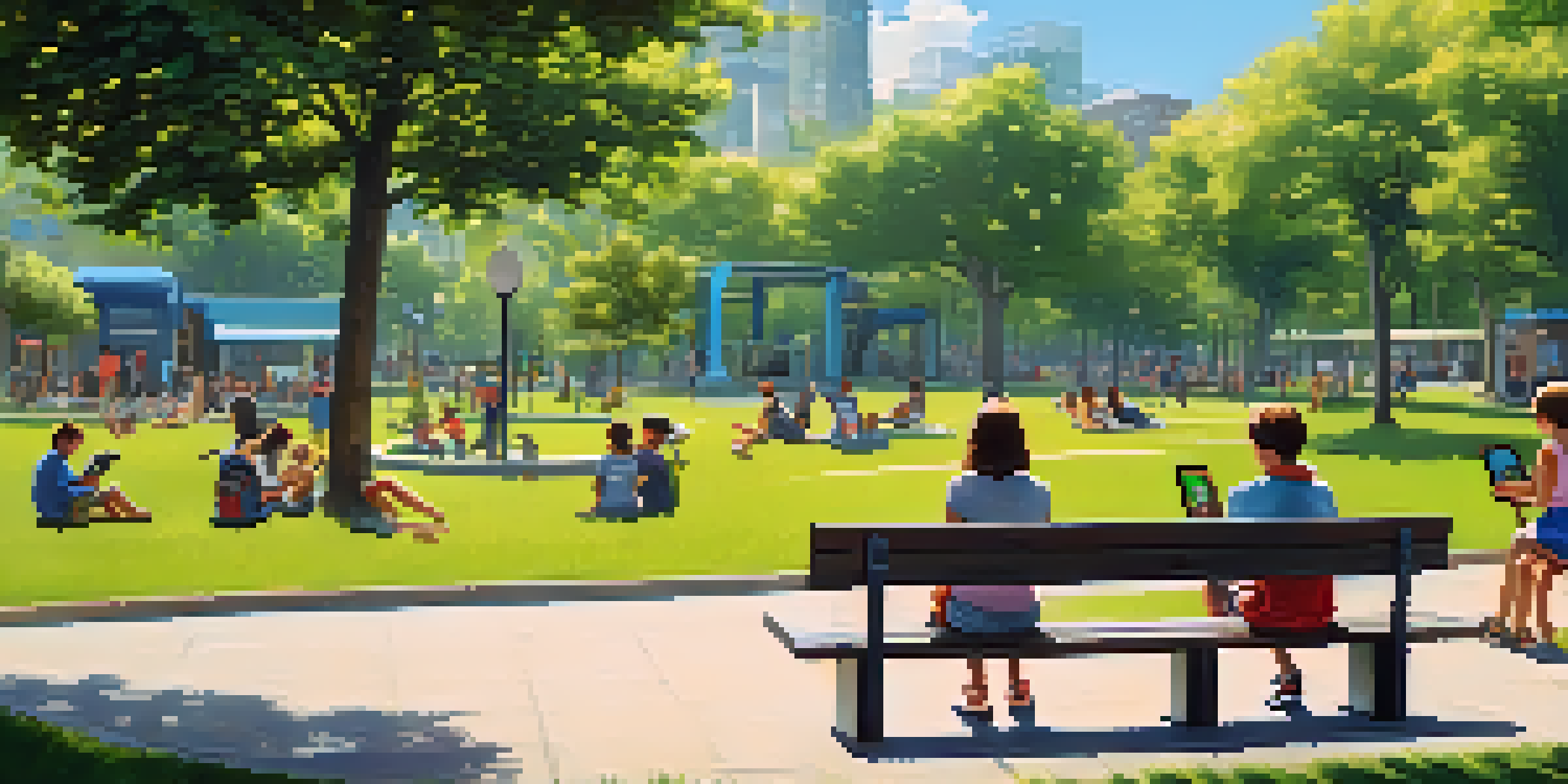 A community park with a public Wi-Fi hotspot sign, children and teenagers using devices while surrounded by greenery and families enjoying the park.