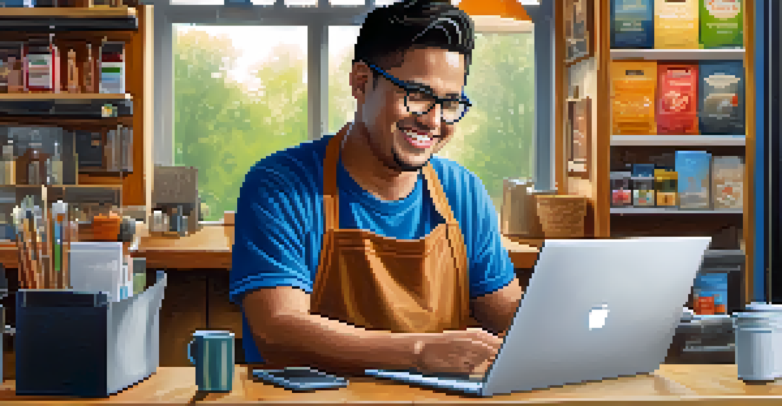 A small business owner working on a laptop in a cozy shop, interacting with customers online amidst colorful product displays.