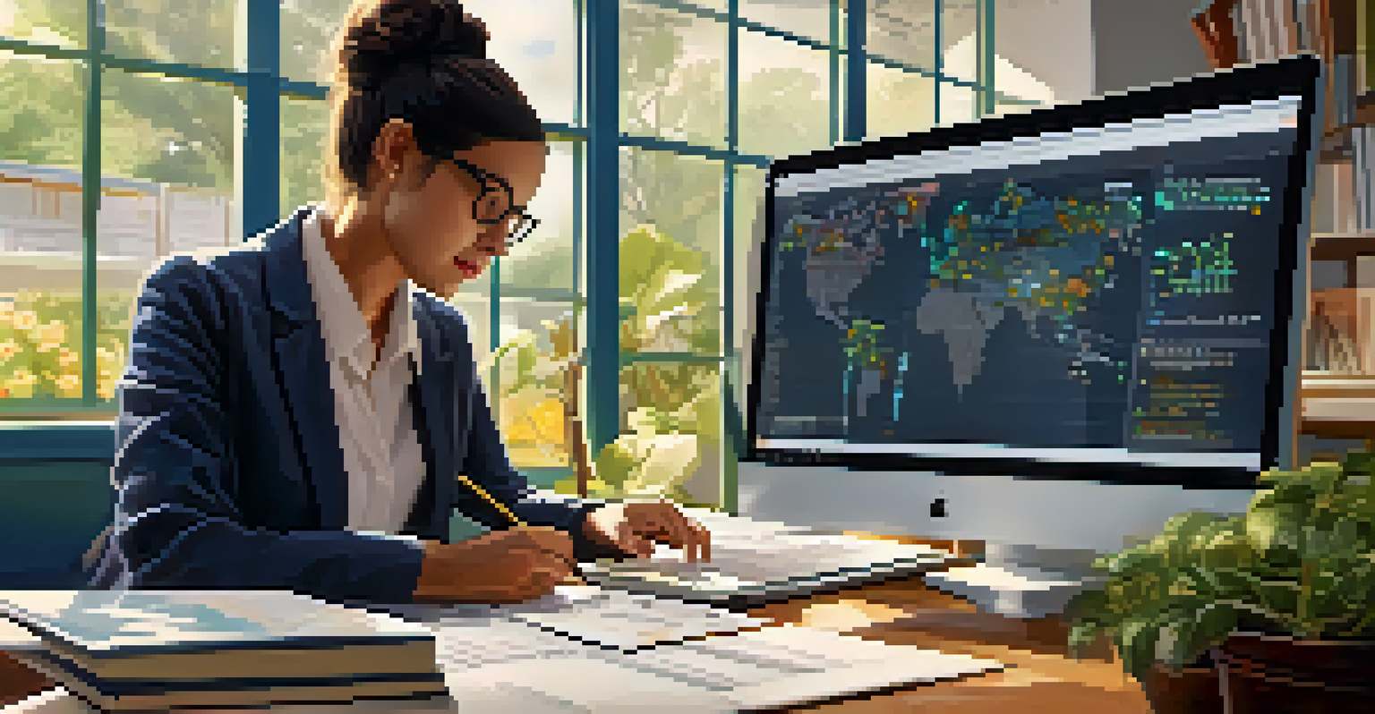 A teacher analyzing student data on a computer, surrounded by a cozy office environment with plants and books.