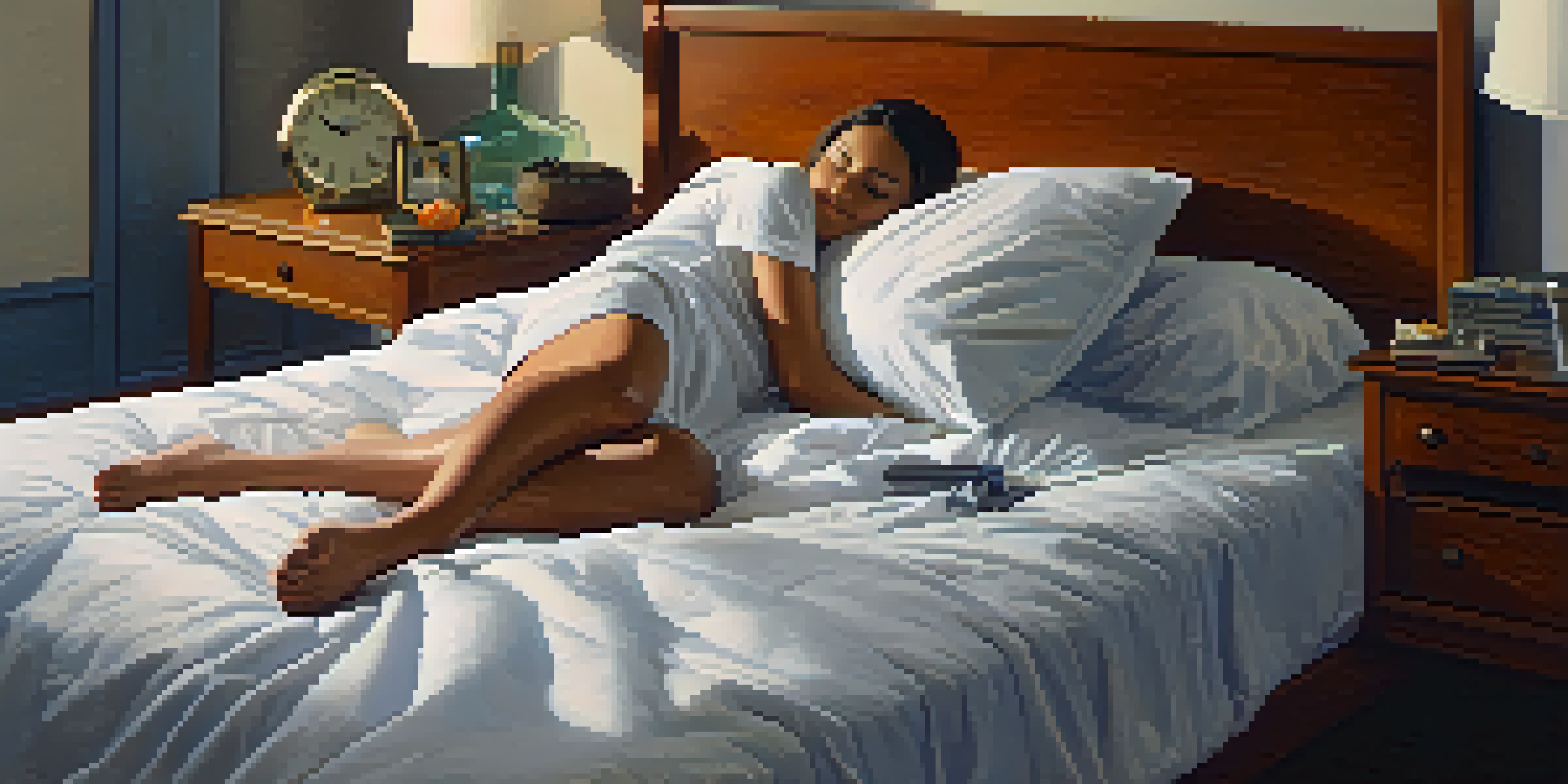 A cozy bedroom with a person sleeping in soft bedding, warm lighting, and a bedside clock indicating late night.