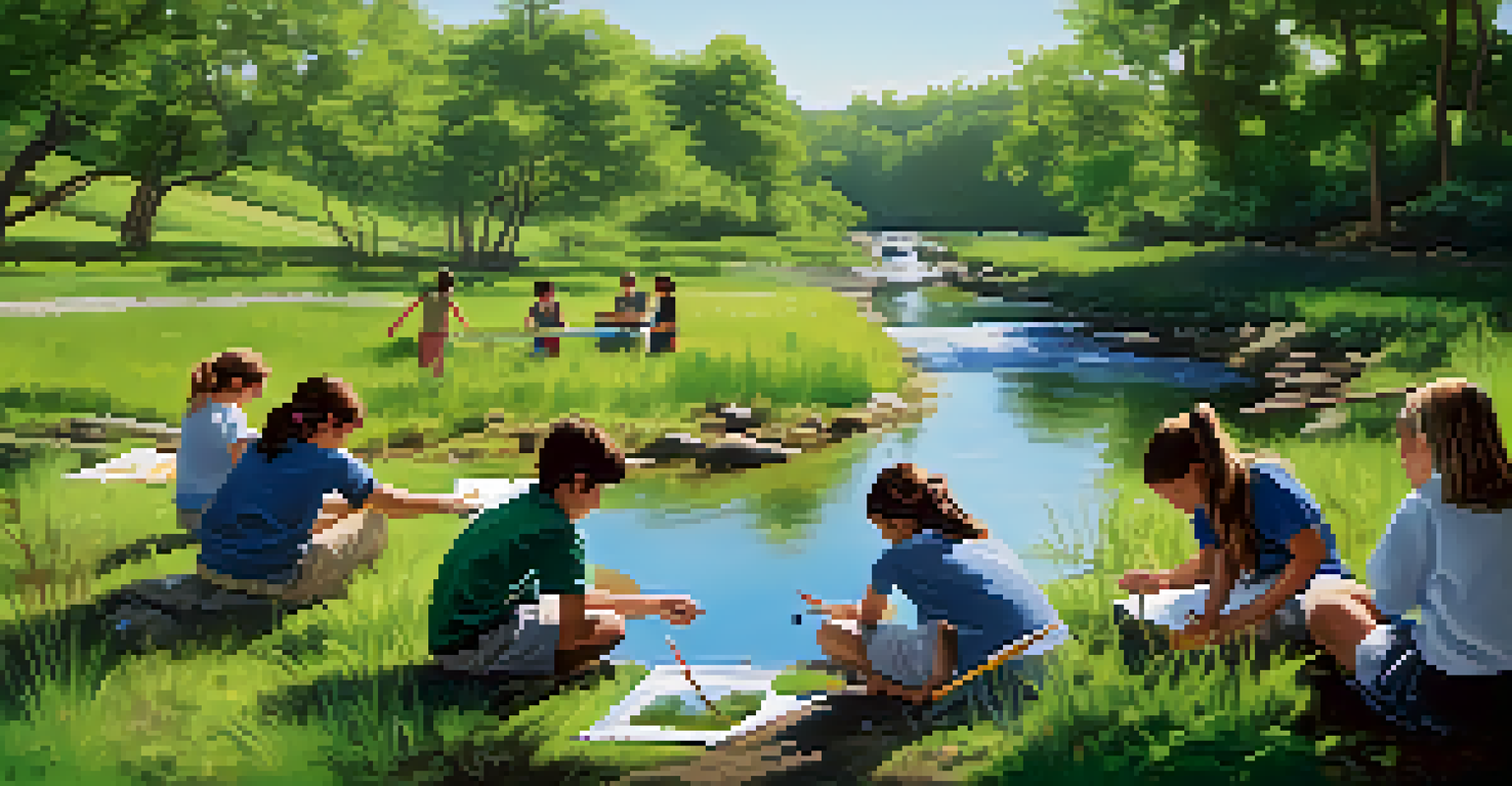 Students measuring water quality in a stream, discussing environmental science amidst a natural setting.