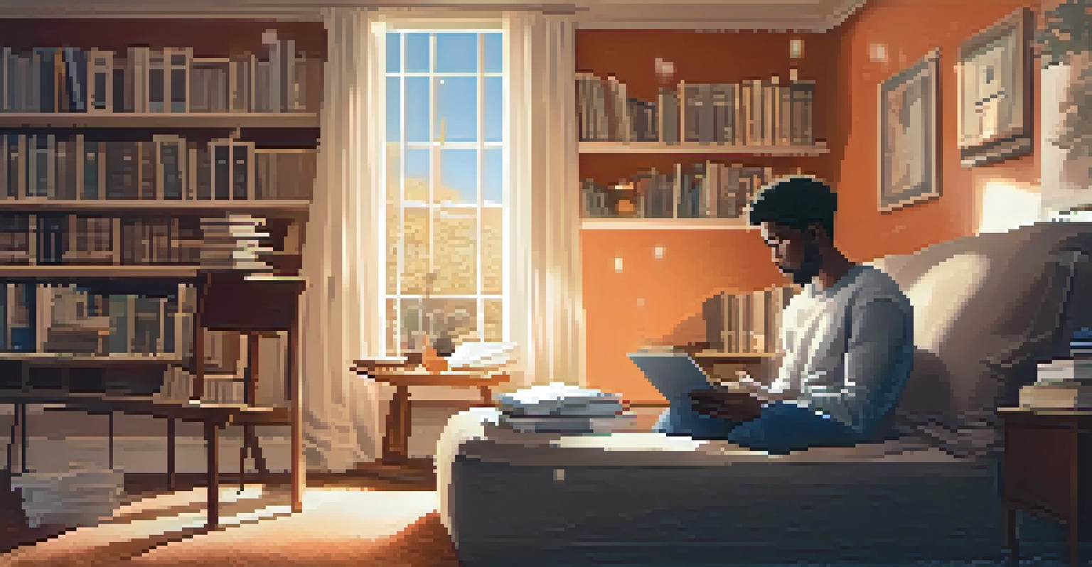 A person reading a digital article on a tablet, surrounded by symbols of critical thinking like question marks and check marks.