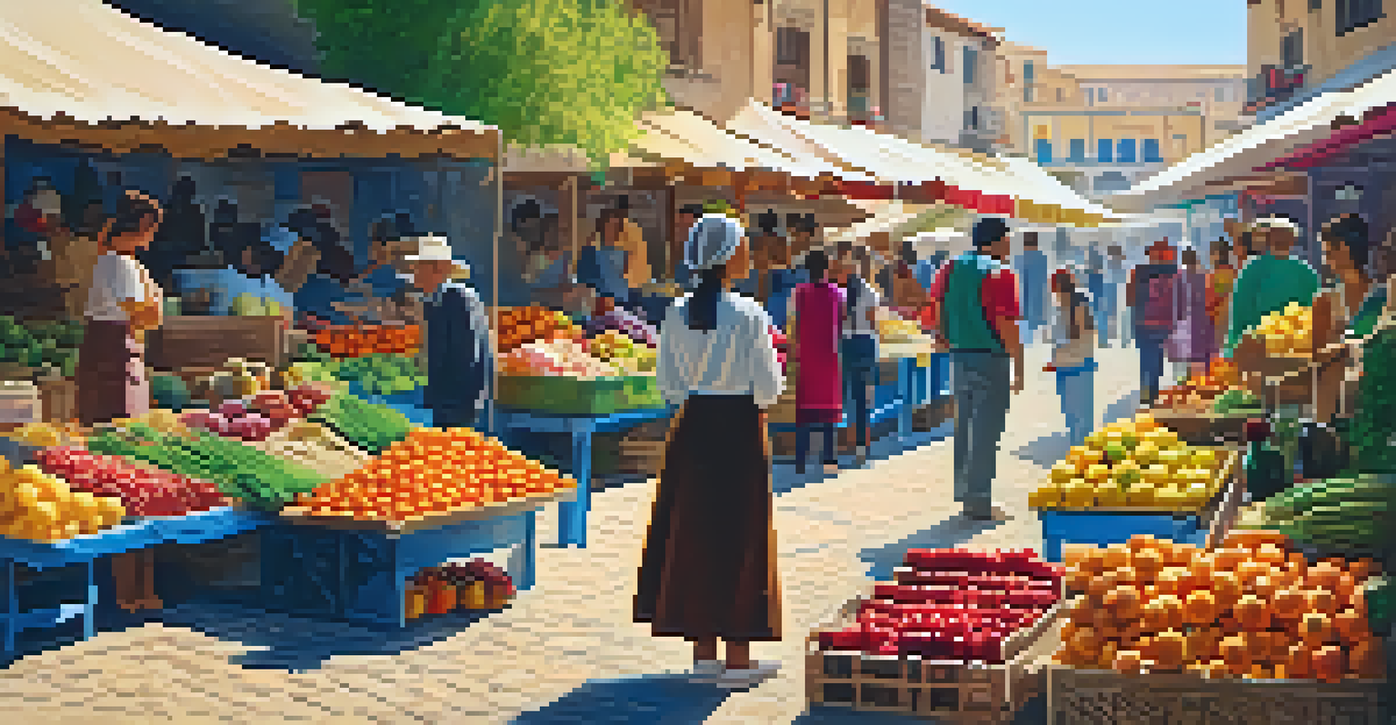 A bustling market scene with a young woman practicing language skills while interacting with a vendor amidst colorful stalls.