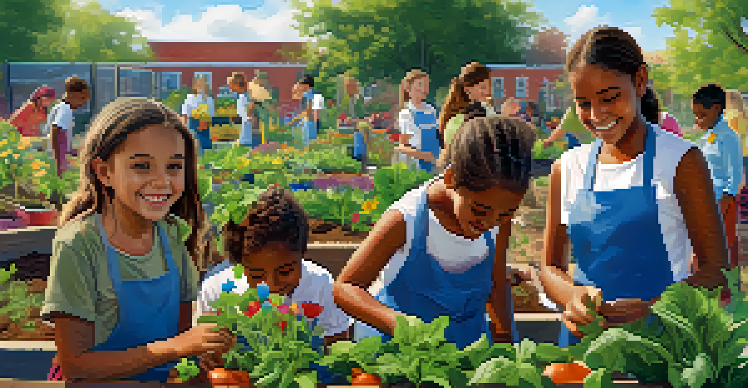 Students of various ages collaborating on a community garden project, surrounded by plants and flowers.