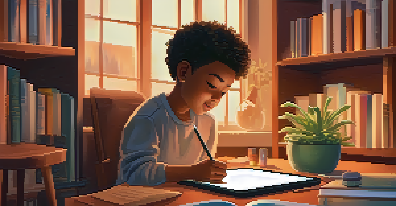 A student studying at home with a tablet, surrounded by a cozy study environment with books and plants.