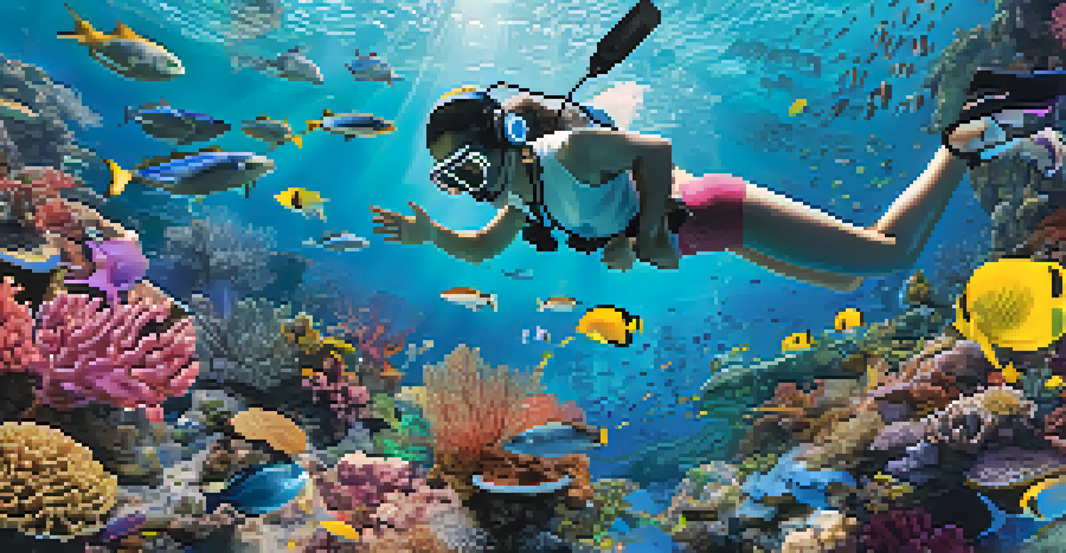 Students experiencing an augmented reality underwater ecosystem, interacting with colorful marine life and coral reefs.