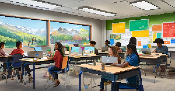 A bright classroom with students using laptops and collaborating in groups, with a whiteboard filled with notes and a video call in progress.