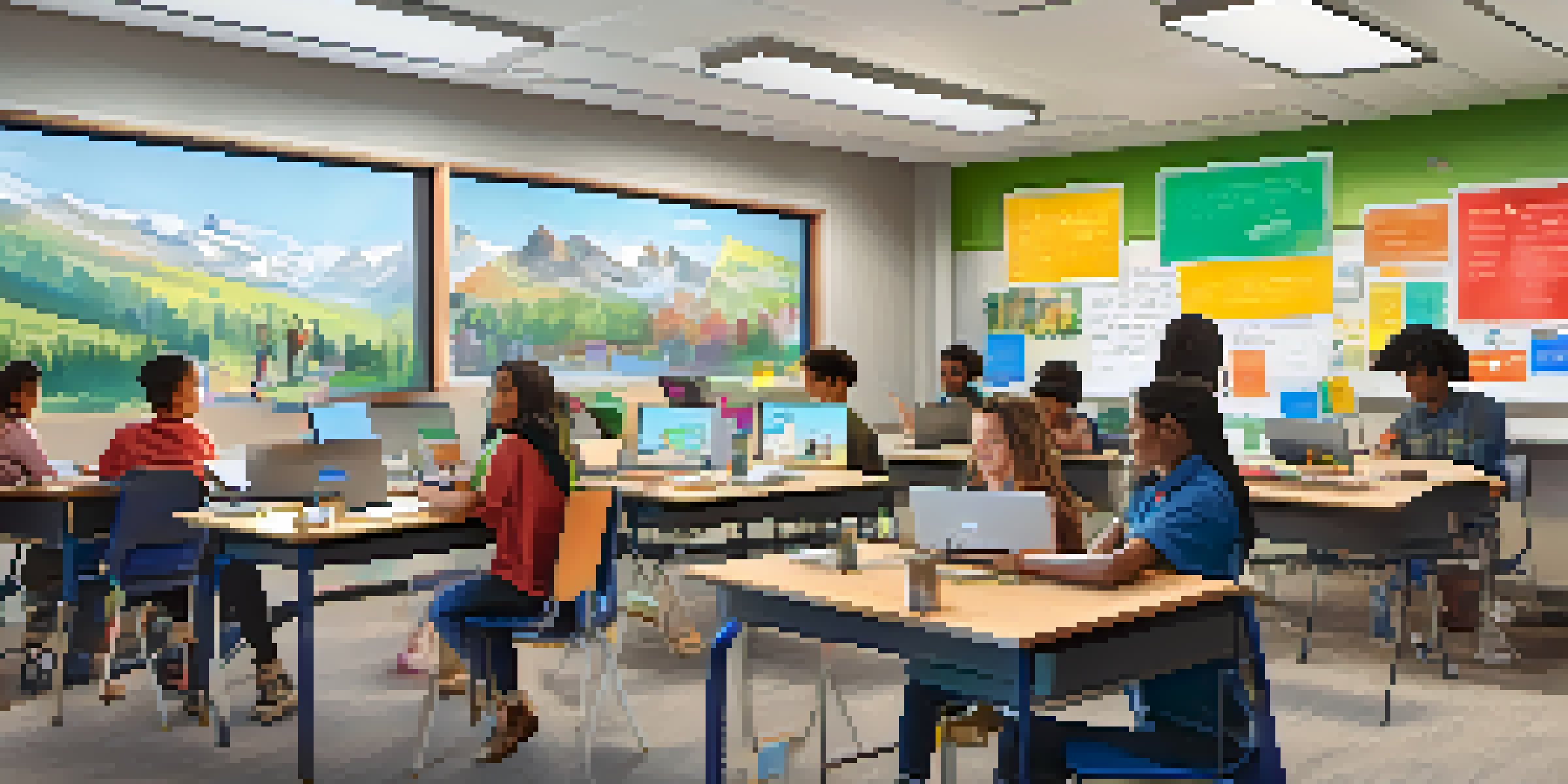 A bright classroom with students using laptops and collaborating in groups, with a whiteboard filled with notes and a video call in progress.