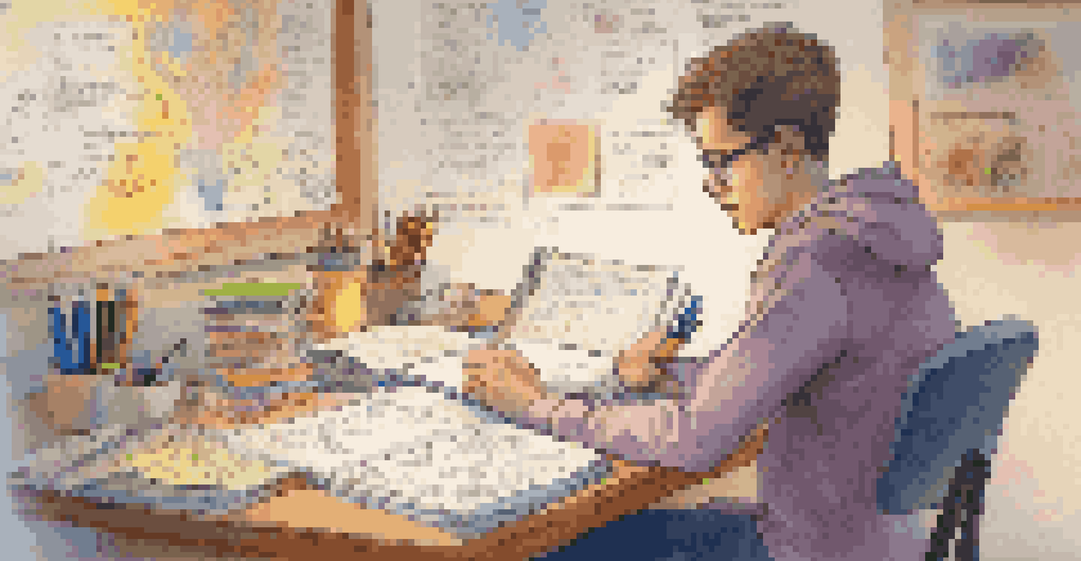 A focused student creating a personal mind map in a notebook at a desk filled with colorful study materials, highlighting a cozy study environment.