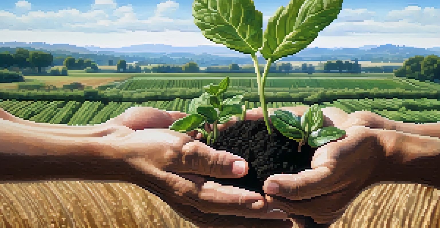 Close-up of hands holding a small plant, representing community-supported agriculture, with fields of fresh produce in the background.