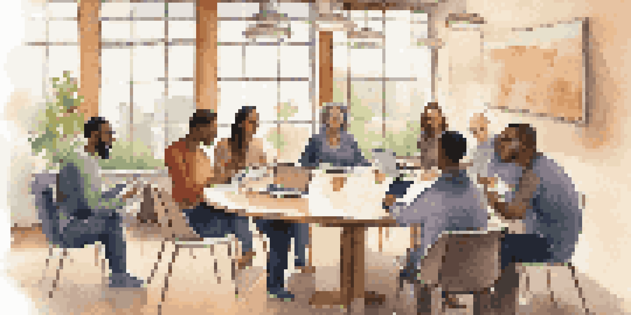 A group of adult learners sitting at a round table, collaborating and sharing ideas in a bright and warm environment.