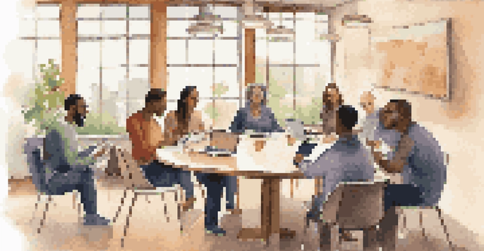 A group of adult learners sitting at a round table, collaborating and sharing ideas in a bright and warm environment.