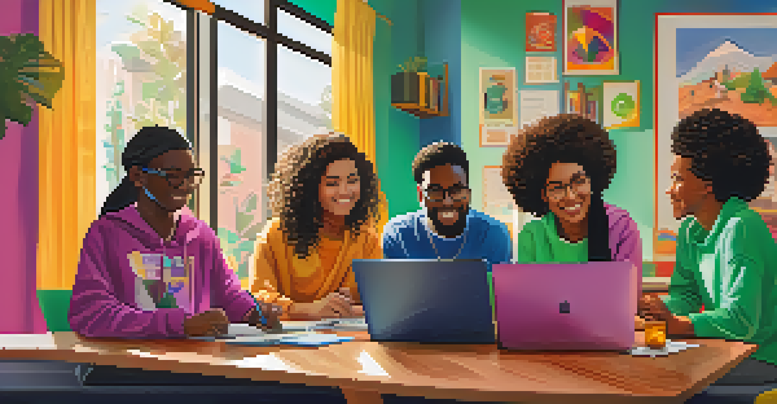 A group of diverse students participating in a virtual study session, using laptops and tablets, connected through video conferencing.